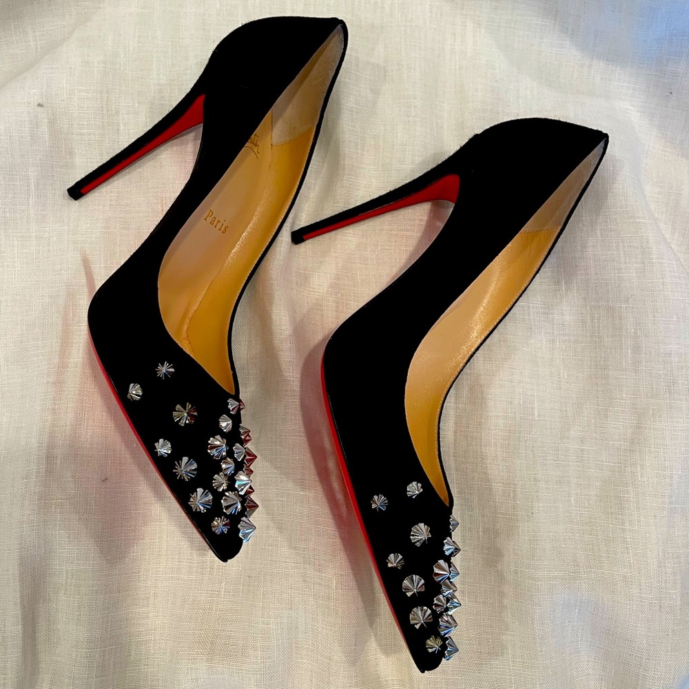 Christian Louboutin Drama Pump 100 Veau Velours in Blacksilver, Sz 37 NWT